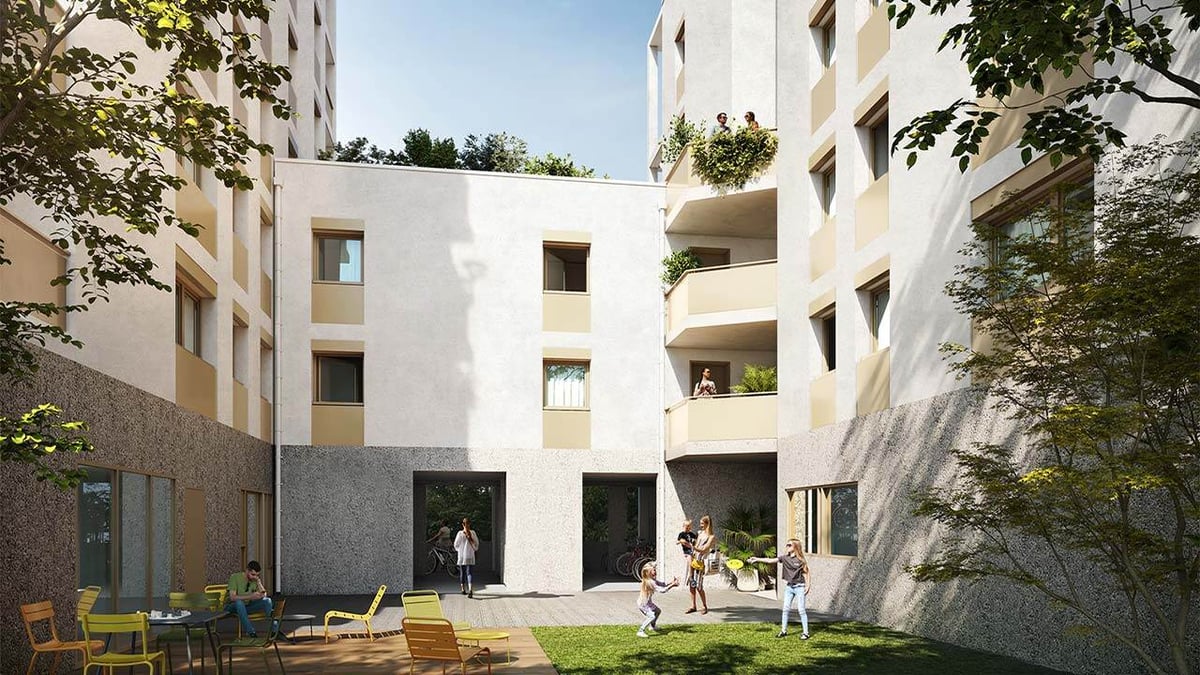 3D de la terrasse commune de la résidence L'Instant à Vénissieux